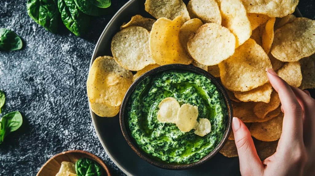 Crunchy chips with creamy spinach dip served in a bowl.