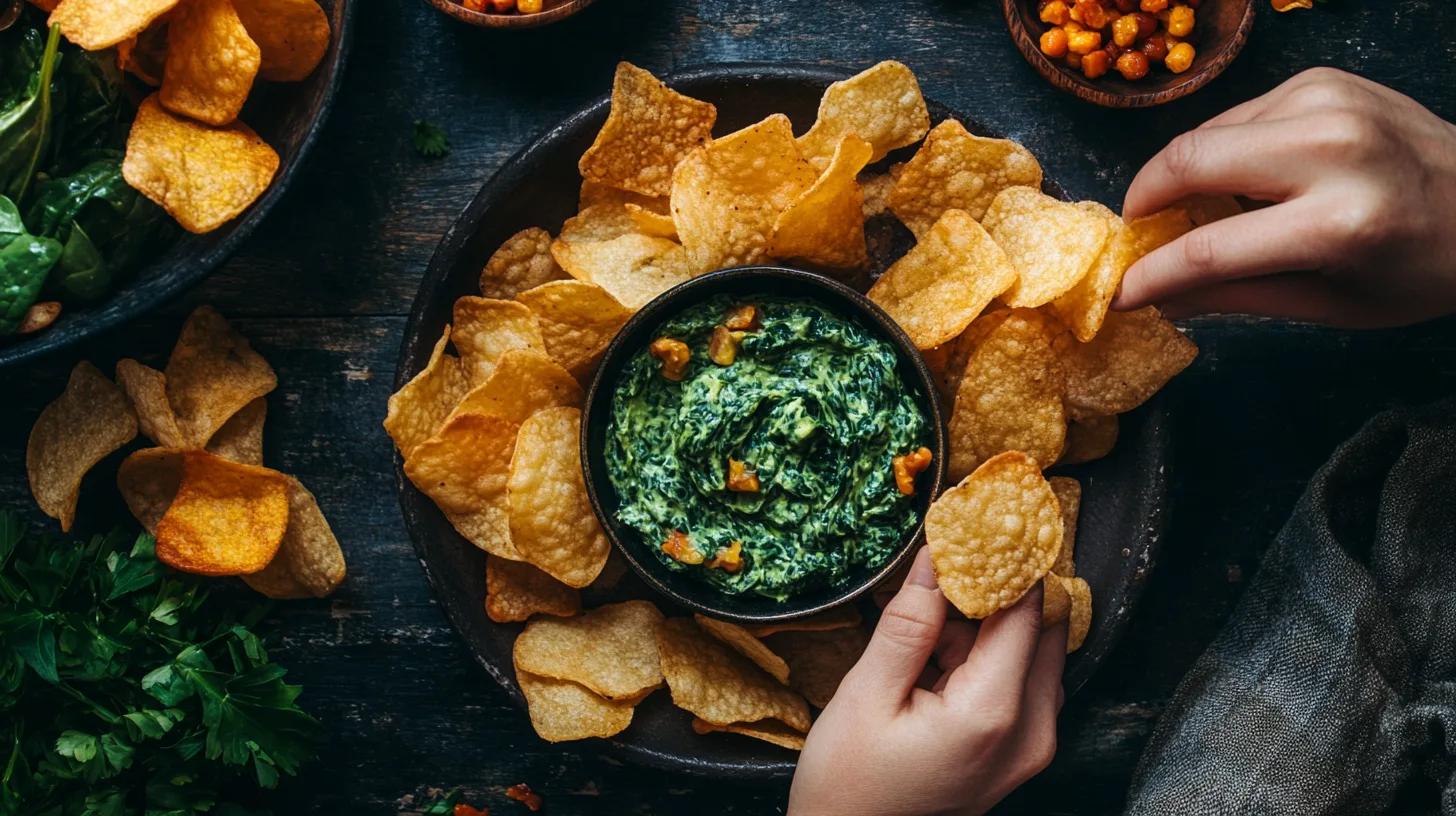 Chips served with creamy spinach dip, a delicious appetizer for any occasion.