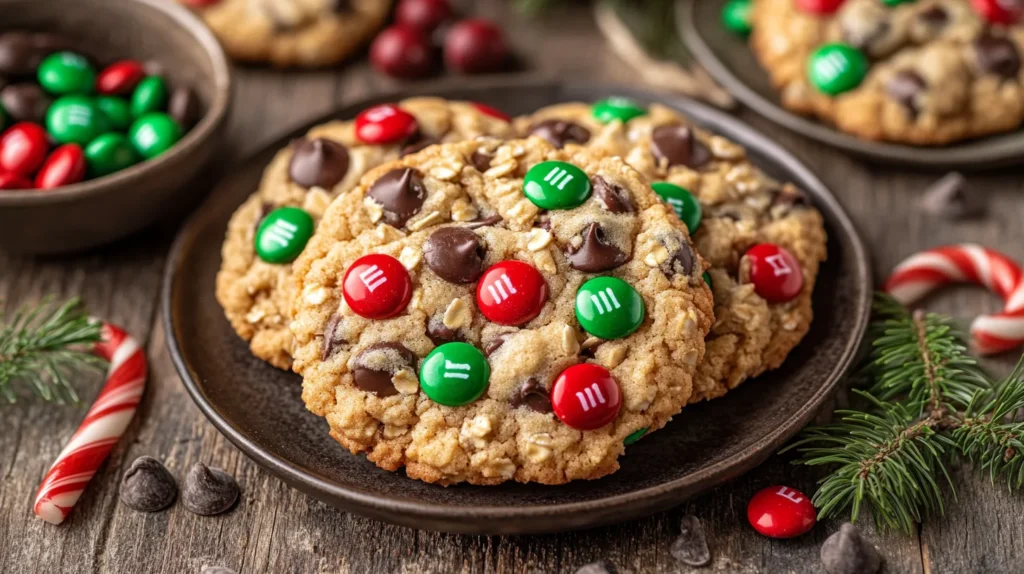 A stack of chewy Christmas monster cookies with vibrant holiday-themed toppings.