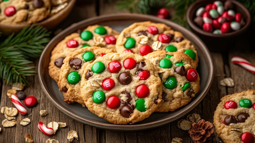 Festive Christmas monster cookies with red and green M&Ms and chocolate chips on a baking tray.