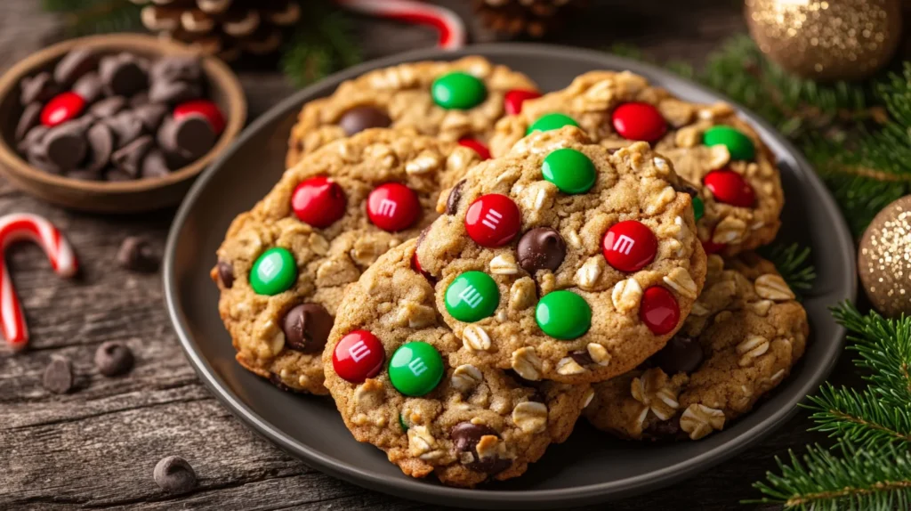 Close-up of colorful Christmas monster cookies loaded with sprinkles and holiday candies.