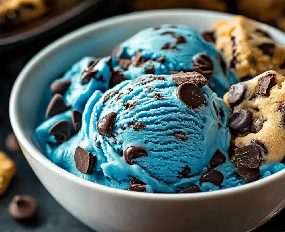 A fun and colorful Cookie Monster ice cream with cookies and creamy texture.