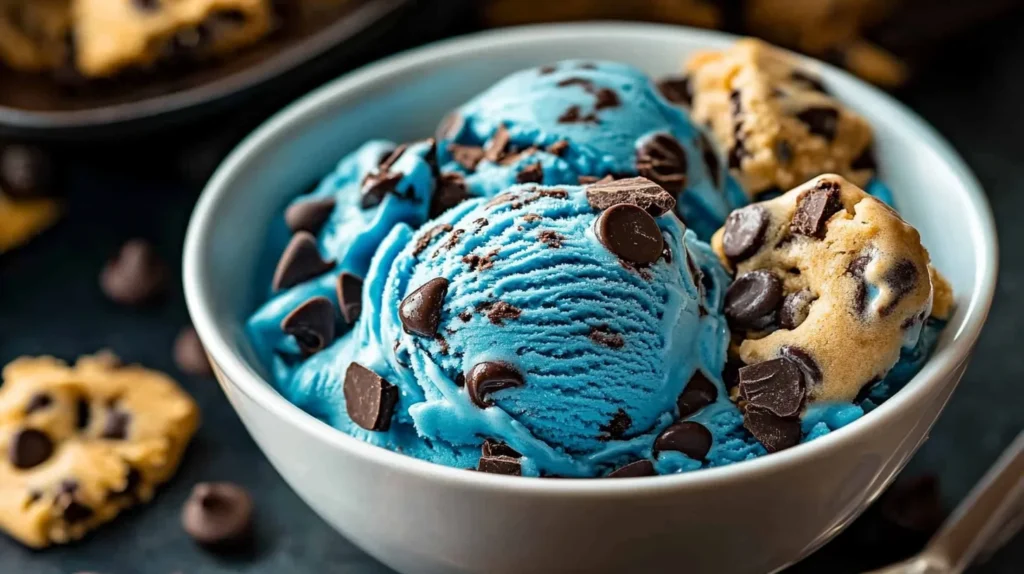 A fun and colorful Cookie Monster ice cream with cookies and creamy texture.