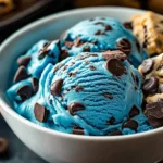 A fun and colorful Cookie Monster ice cream with cookies and creamy texture.