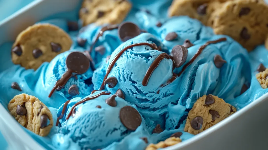 Close-up of Cookie Monster ice cream, featuring vibrant blue color and chocolate cookie pieces.