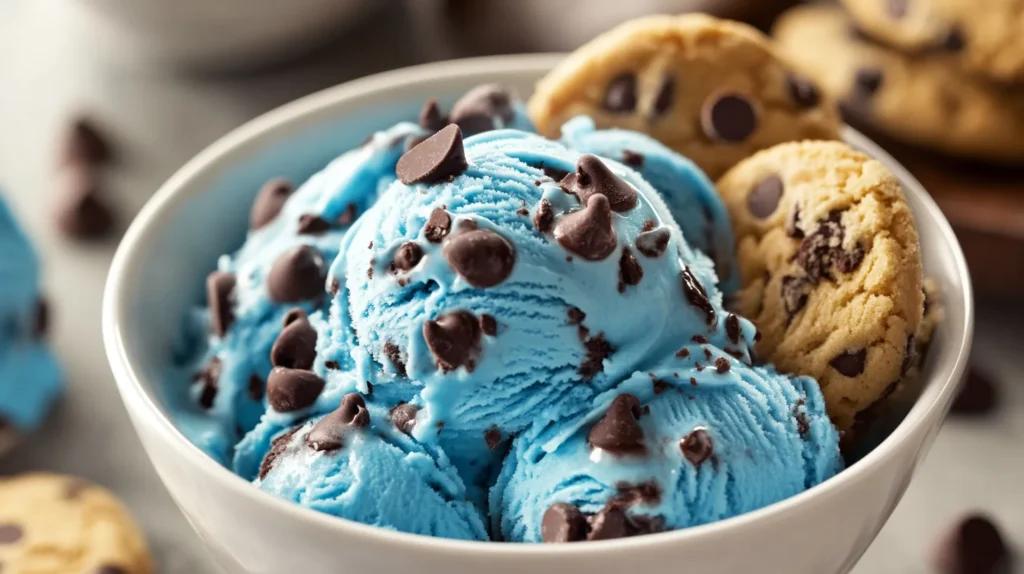 Scoop of homemade Cookie Monster ice cream with rich cookie bits throughout.