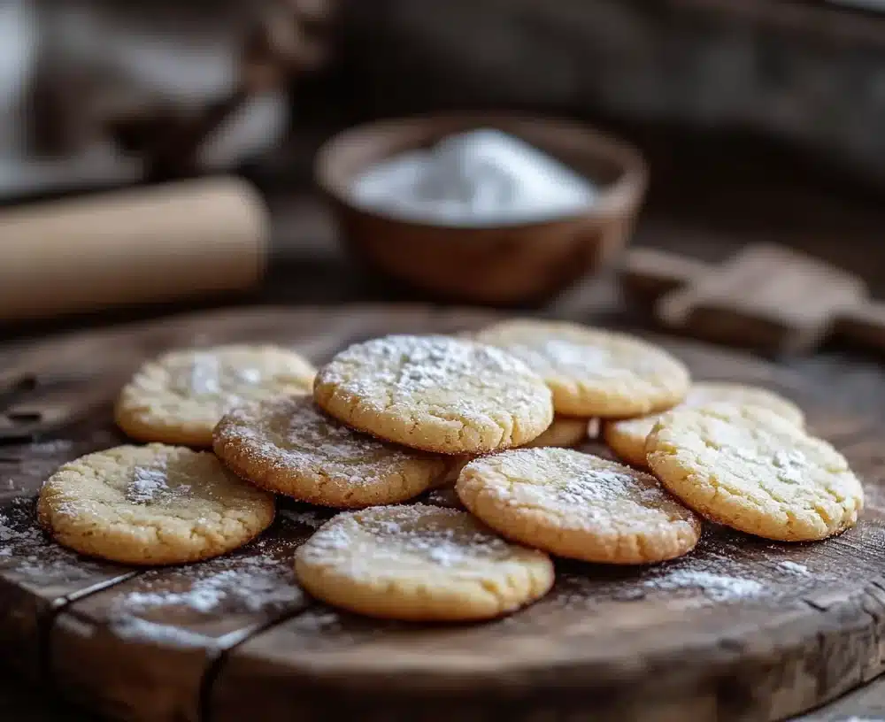 Easy homemade 3-ingredient sugar cookies on a parchment paper-lined tray.
