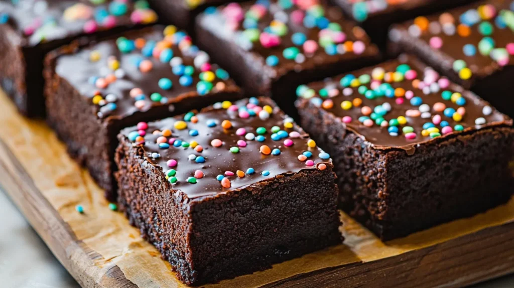 Chewy cosmic brownies drizzled with chocolate ganache and topped with fun, vibrant sprinkles.