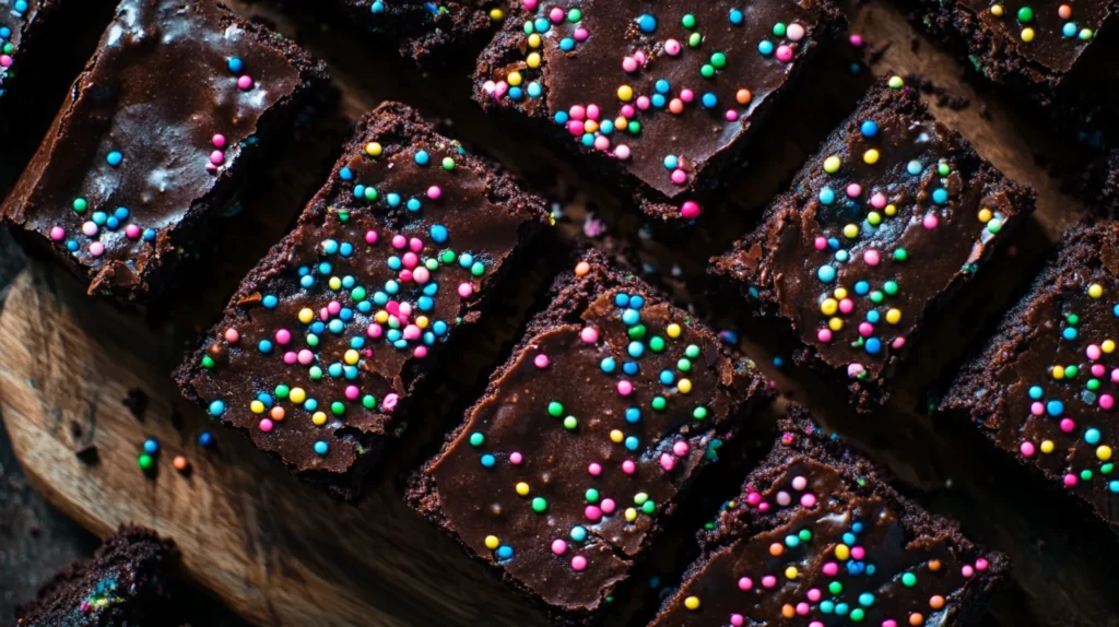 Close-up of gooey cosmic brownies topped with colorful candy-coated sprinkles.