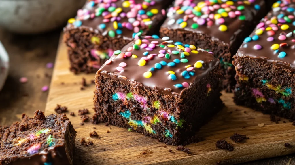 A slice of homemade cosmic brownies with a rich chocolatey base and bright rainbow sprinkles.