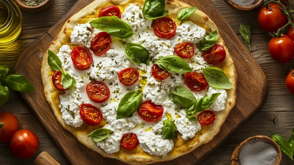 Homemade cottage cheese flatbread served with a side of hummus and fresh vegetables.