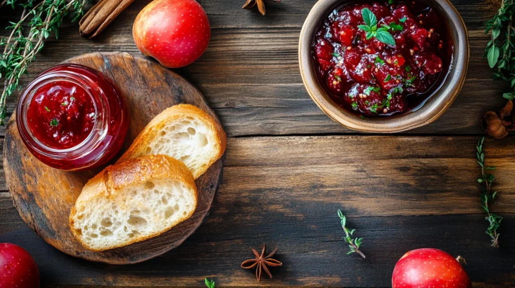 Golden, homemade crab apple jelly in a glass jar with fresh crab apples nearby.