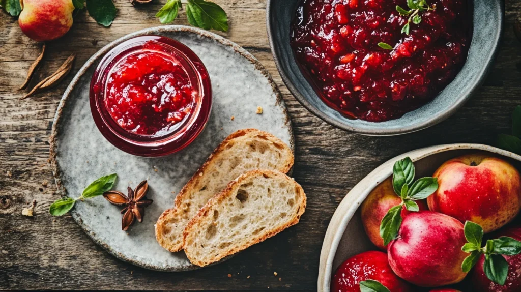 Spiced crab apple chutney served alongside cheese and crackers.