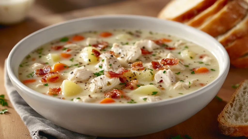 Comforting creamy chicken potato soup with chunks of chicken and potatoes.