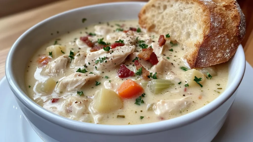 Hearty creamy chicken potato soup served in a rustic ceramic bowl.