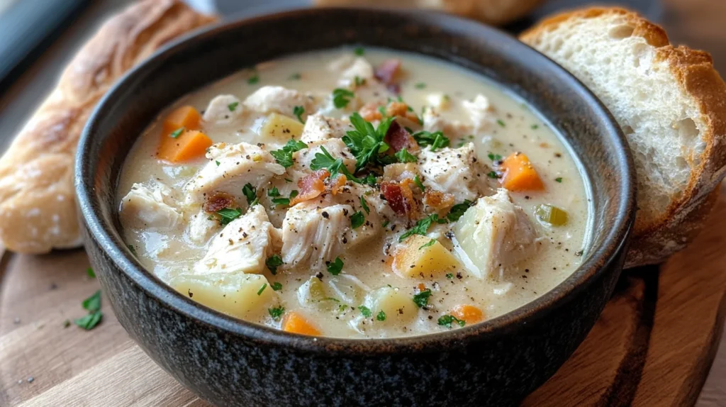 A bowl of creamy chicken potato soup garnished with fresh parsley.