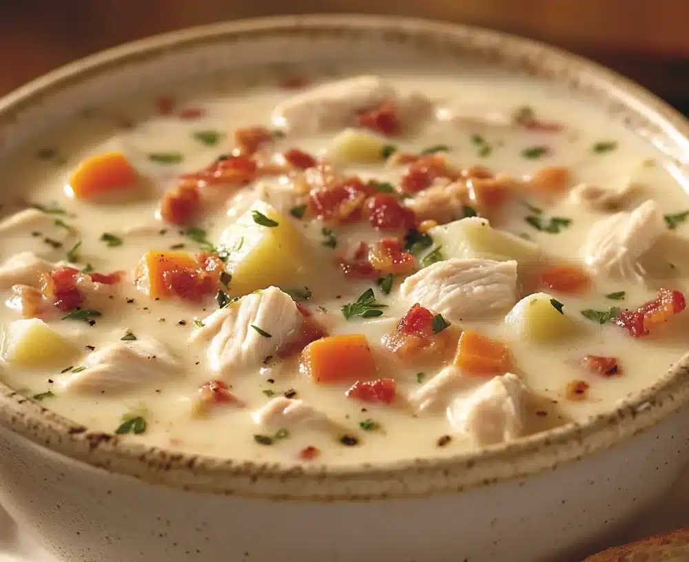 Warm and creamy chicken potato soup, perfect for a cozy meal.
