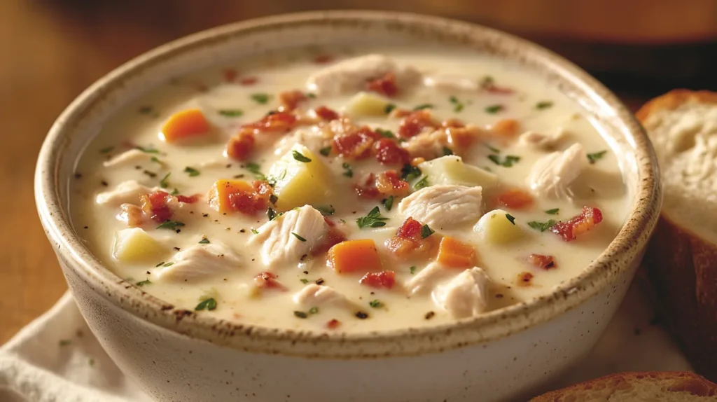 Warm and creamy chicken potato soup, perfect for a cozy meal.