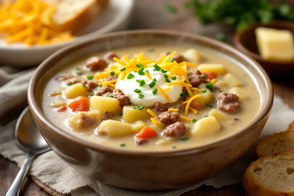 Hearty creamy potato and hamburger soup served in a deep bowl.