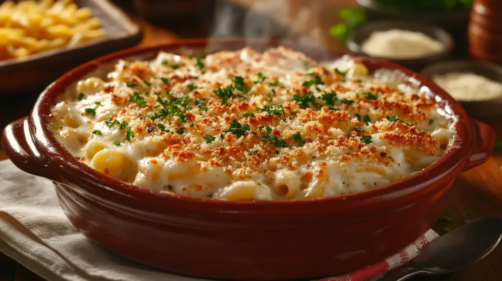 A close-up of white macaroni and cheese topped with a sprinkle of parmesan cheese.