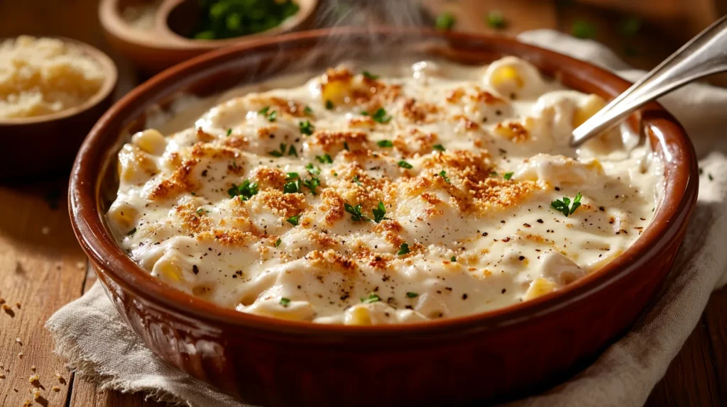 White macaroni and cheese, made with a rich cheese sauce, served on a plate.