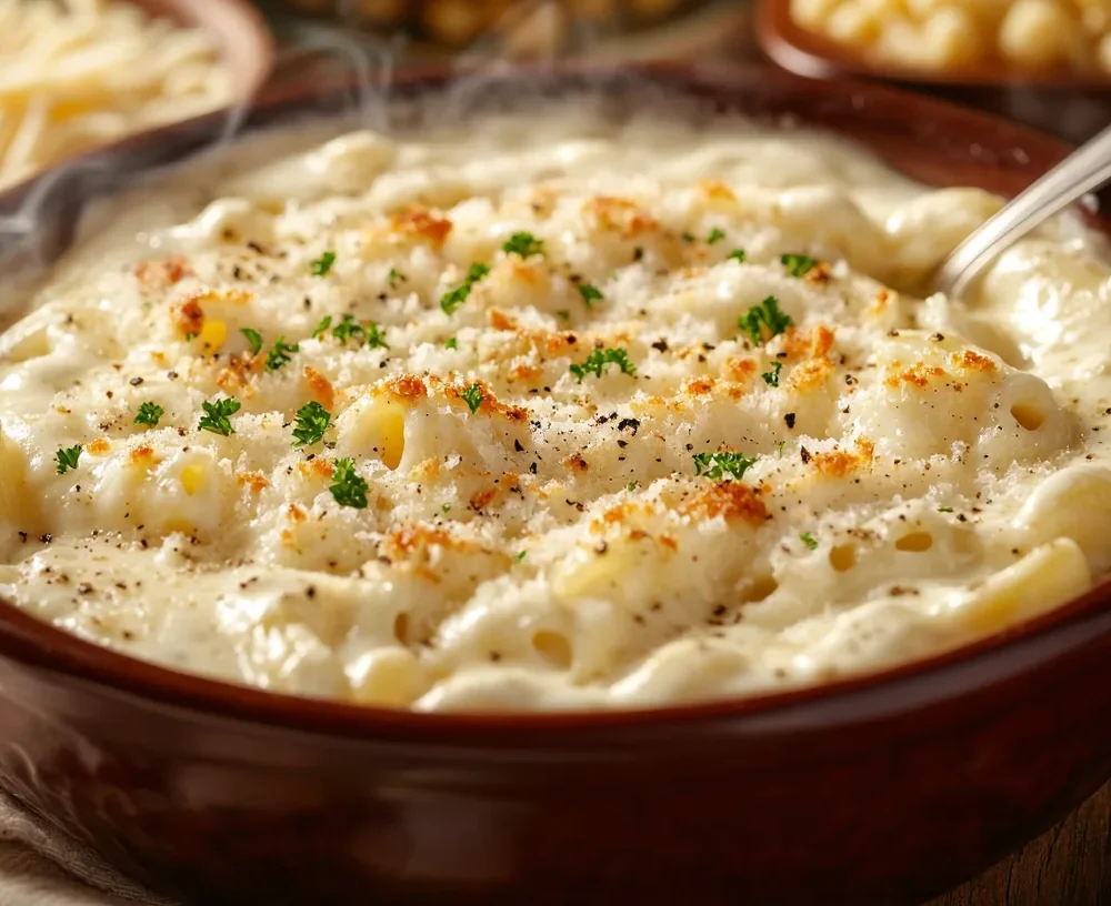 A delicious serving of white macaroni and cheese with a perfectly creamy texture.