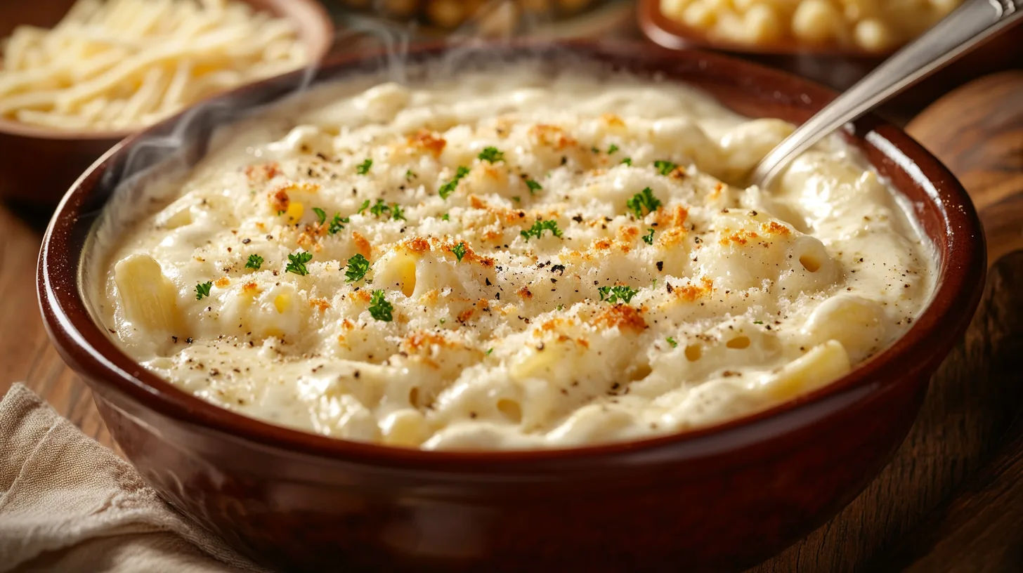 A delicious serving of white macaroni and cheese with a perfectly creamy texture.