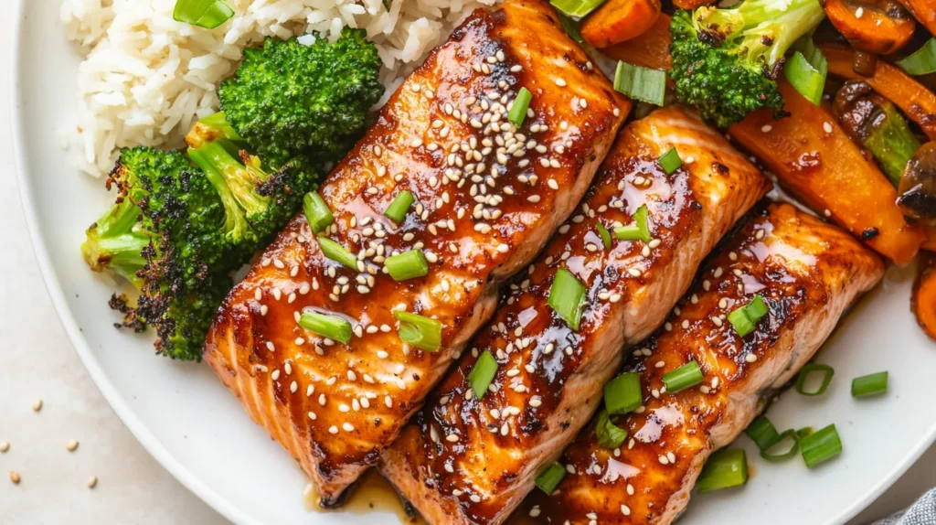 Golden-brown Bang Bang Salmon paired with a creamy, spicy sauce and fresh vegetables.