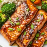 Golden-brown Bang Bang Salmon paired with a creamy, spicy sauce and fresh vegetables.