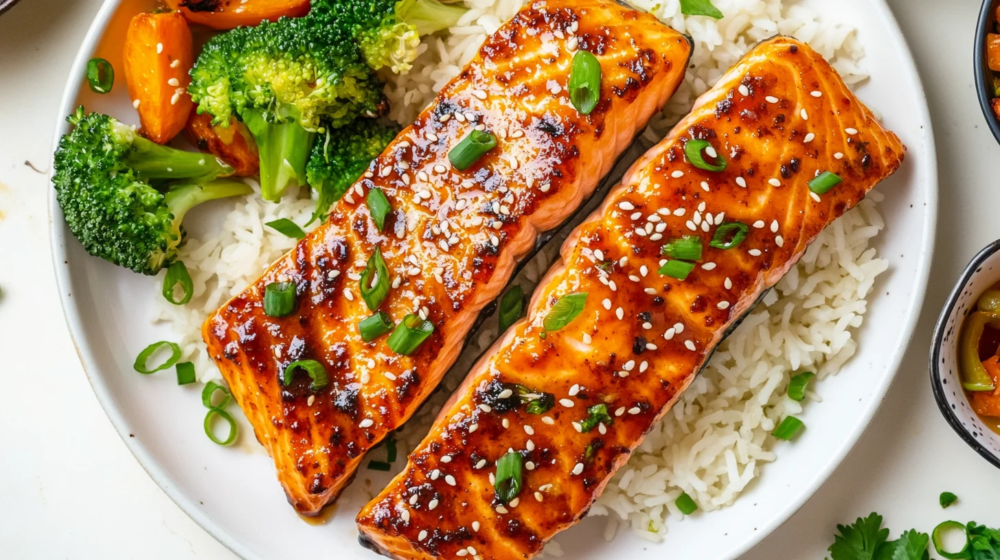 Crispy Bang Bang Salmon fillets drizzled with spicy sauce, garnished with green onions and served with steamed rice.