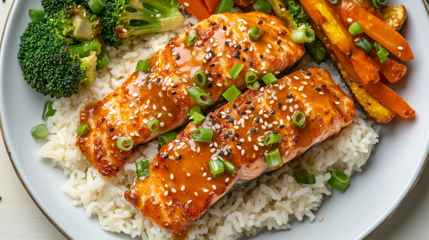 Golden, crispy Bang Bang Salmon fillets drizzled with tangy sauce, plated alongside rice.