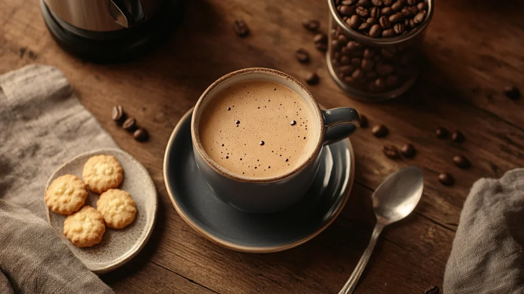 Top-rated decaf coffee beans next to a brewed cup of rich, aromatic coffee.