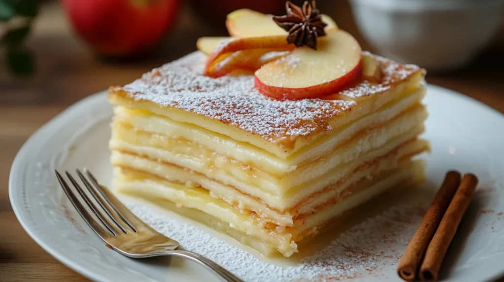 Sliced invisible apple cake with thin, golden apple layers stacked seamlessly.