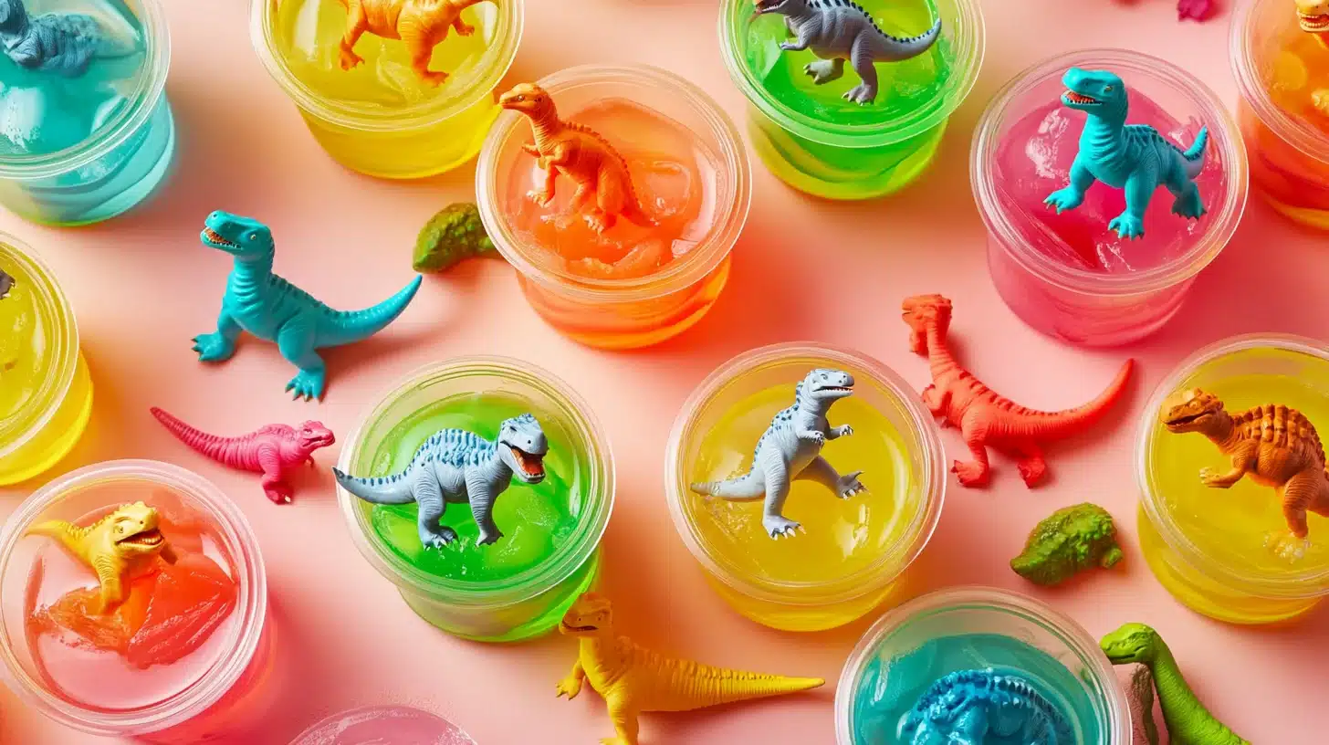 Colorful Dino Jello Cups with dinosaur figures, a fun treat for kids.