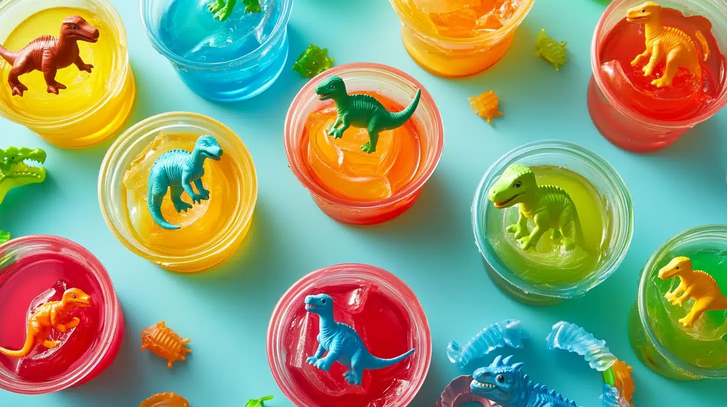 Colorful Dino Jello Cups with vibrant layers and dinosaur figures, perfect for kids' parties.