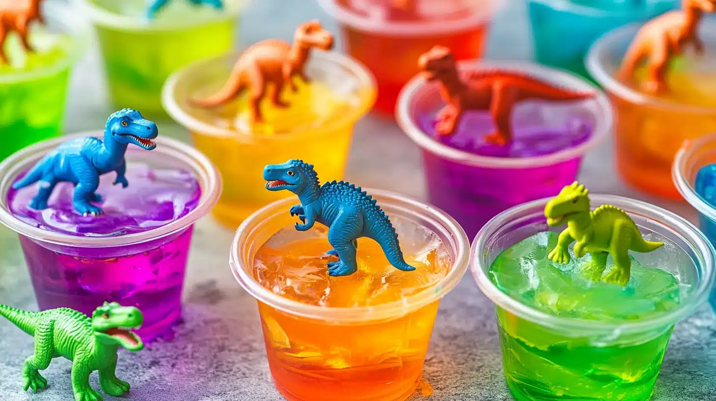 Colorful Dino Jello Cups with layers of vibrant jello and playful dinosaur figurines.