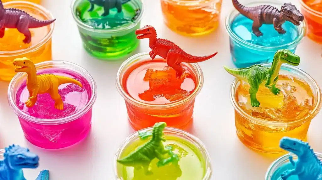 Fun and colorful Dino Jello Cups with playful dinosaur figurines, perfect for kids.