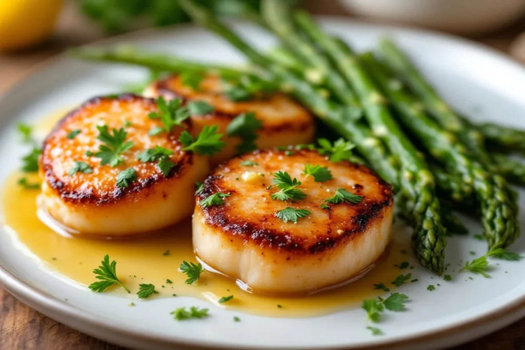 Plated diver scallops with a drizzle of sauce and garnished with microgreens.