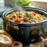 A crockpot filled with a creamy and cheesy pasta dish, ready for the table.