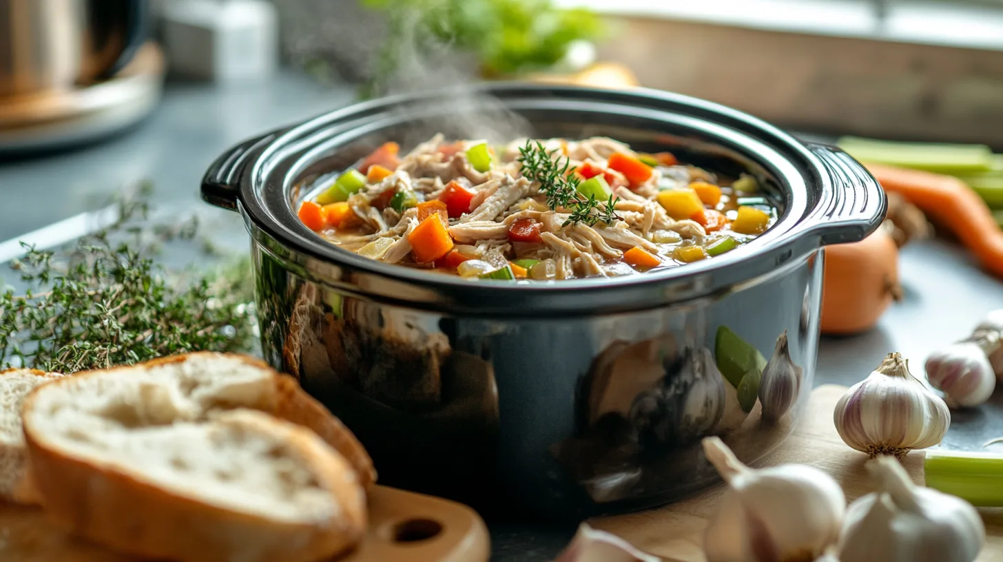 A crockpot filled with a creamy and cheesy pasta dish, ready for the table.