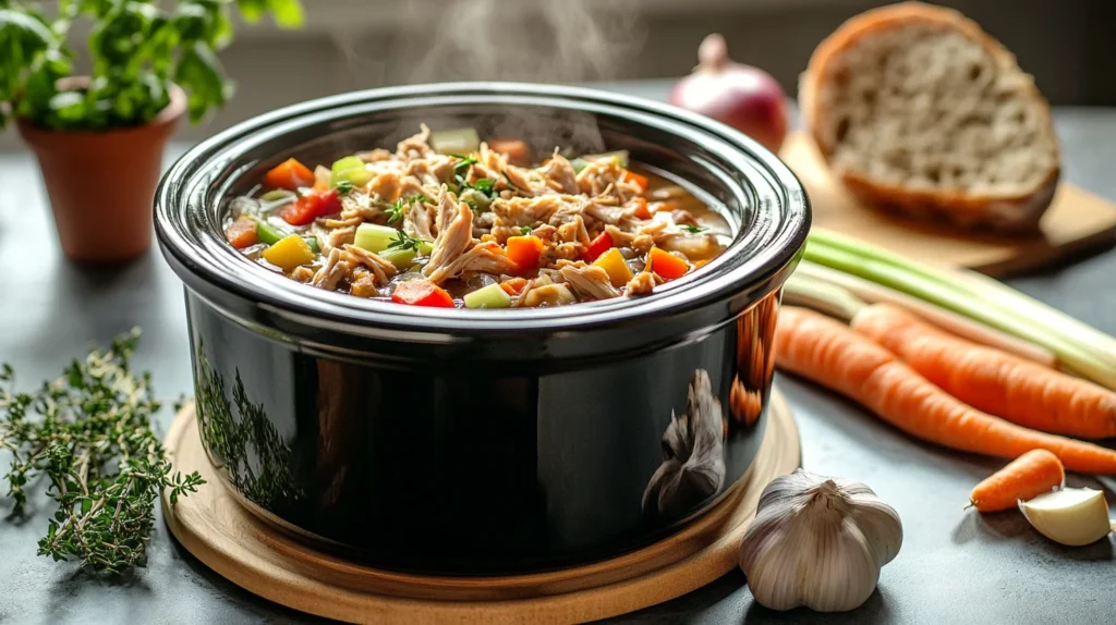 Slow-cooked chili in a crockpot, topped with sour cream and fresh herbs.