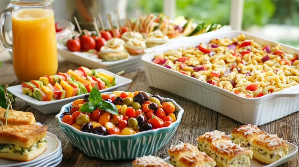 Easy potluck dishes like sliders, deviled eggs, and brownies arranged for a gathering.