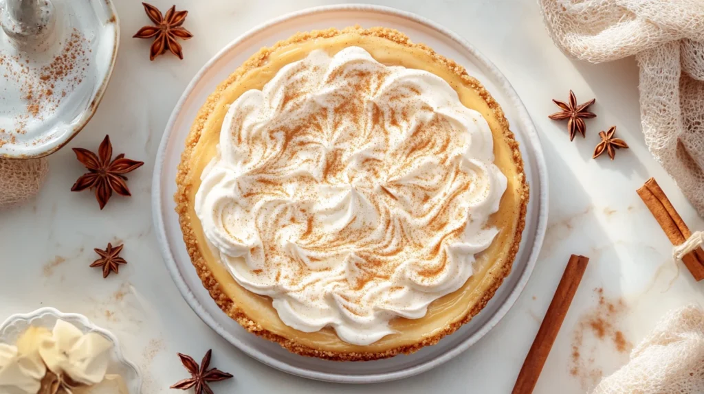 A slice of creamy eggnog cheesecake with a smooth, velvety texture and a dusting of cinnamon on top.