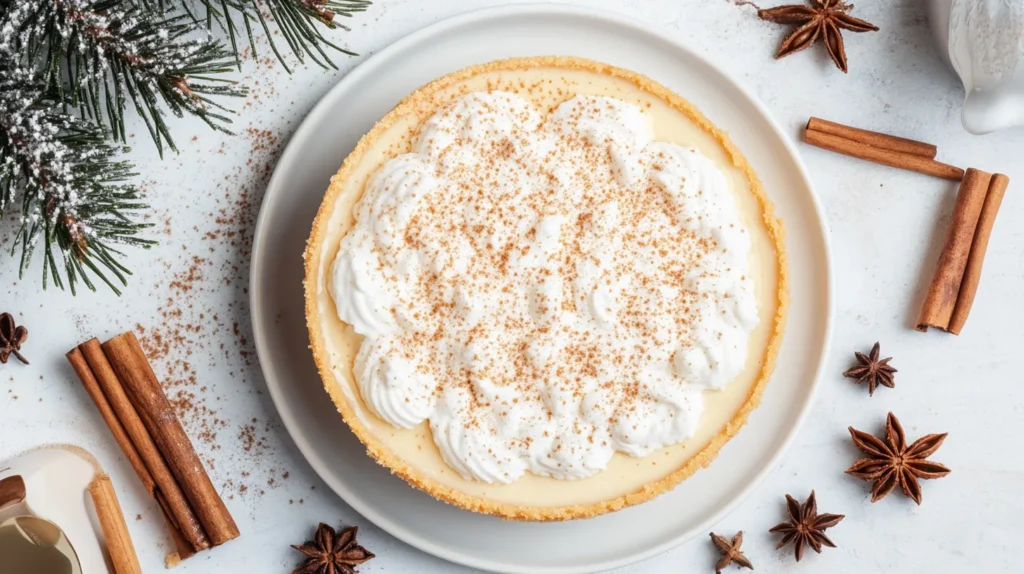 Eggnog cheesecake served on a decorative plate, topped with whipped cream and a sprinkle of nutmeg.