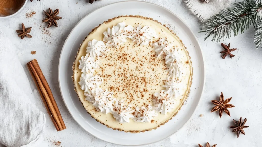 Close-up of eggnog cheesecake with a graham cracker crust, garnished with festive decorations.