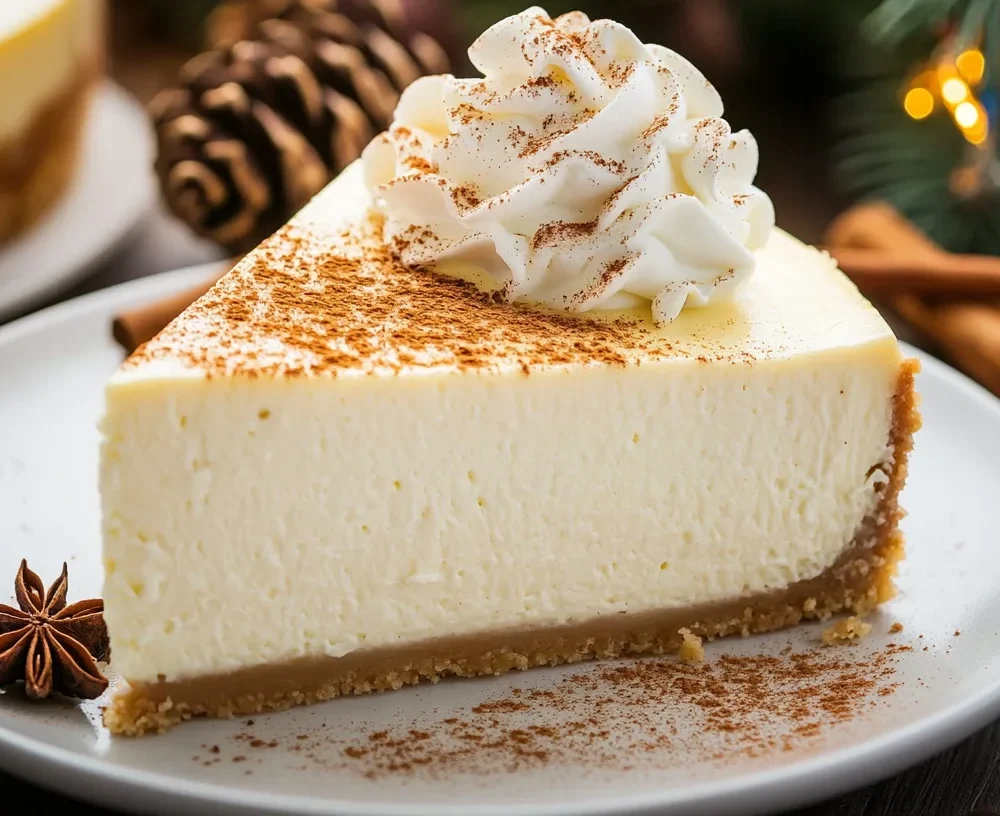 A rich, decadent eggnog cheesecake on a cake stand, ready to be served for the holidays.