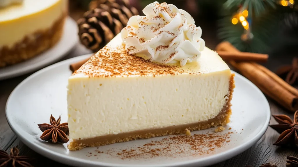 A rich, decadent eggnog cheesecake on a cake stand, ready to be served for the holidays.