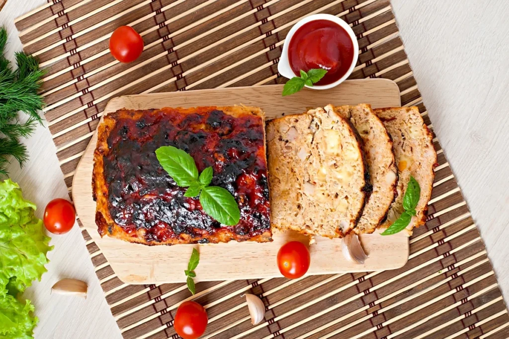 French Onion Meatloaf garnished with melted cheese and caramelized onions.