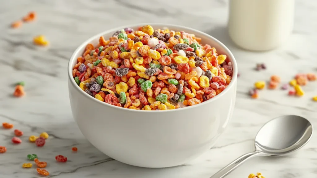 A bowl of colorful Fruity Pebbles cereal with milk, ready to eat.