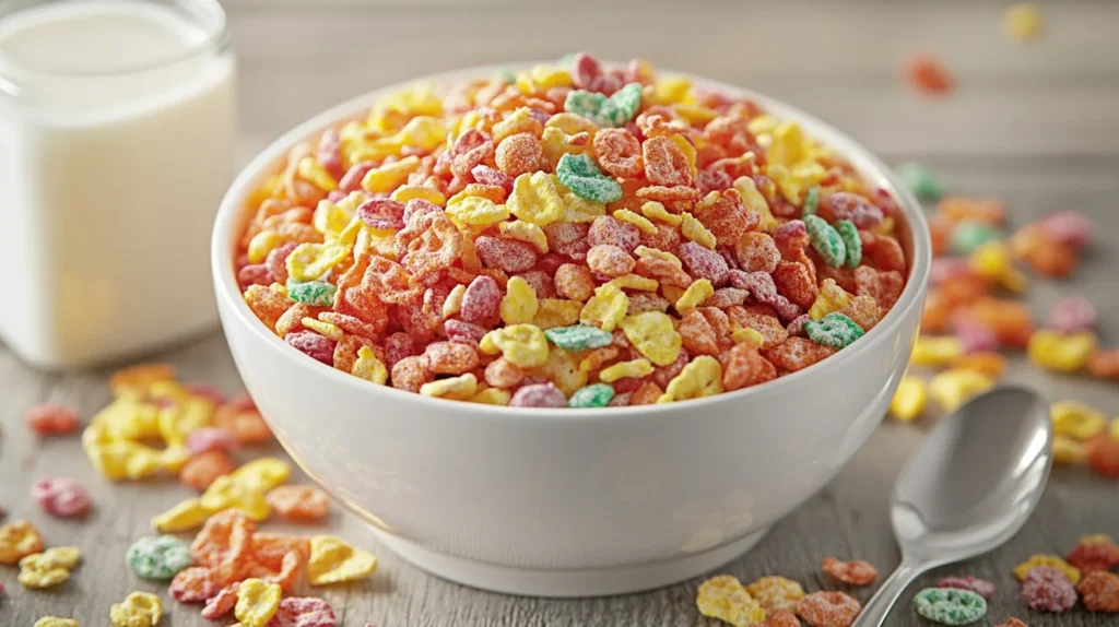 Fruity Pebbles sprinkled over a creamy dessert for a fun and vibrant topping.